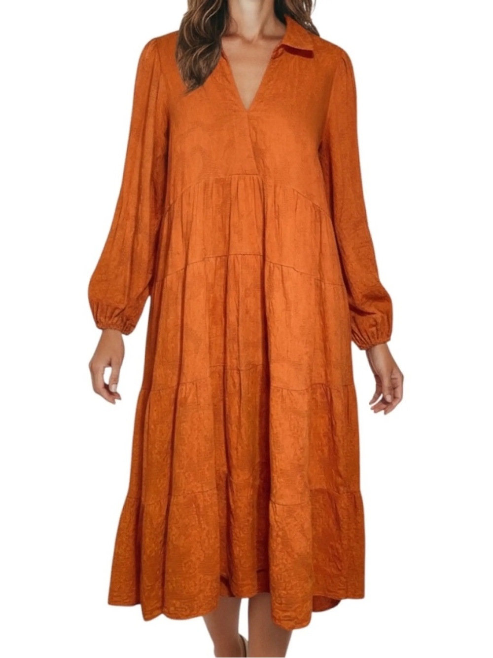Umgee Burnt Orange / Rust V-Neck Tiered Floral Detail Midi Dress S